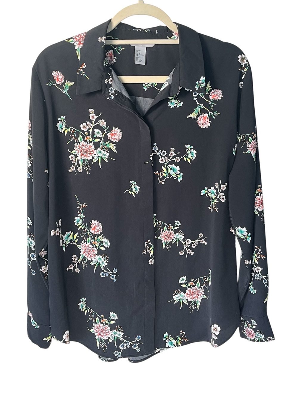 H&M Black Long Sleeve Floral Print Button Down Blouse Size 14 EUC